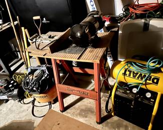 Table saw, DeWalt air compressor, tool chest, tool cabinet, shovels, extension cords, and more 