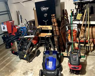 Wood chipper, shop vacuum, pressure washer, 40 volt battery operated Kobalt mower, craftsman mini tiller, and more tools