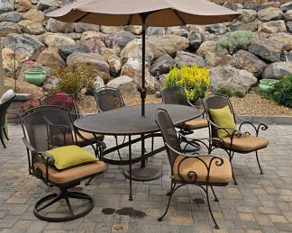 Metal Patio Table w/ 6 Chairs & Umbrella - cushions included (pillows sold separately)
