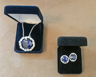 Matching Necklace & Earrings w/ Royal Blue & Clear Rhinestones a Danbury Mint Collection