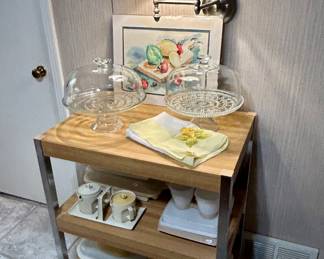 Sweet rolling cart, glass cake stands & vintage Tupperware 