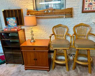 Nice pair of barstools, quilt rack, media cabinet & stereo cabinet 