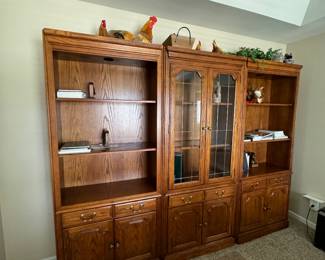 Very nice oak wooden shelving unit. Will sell pieces separately or all together