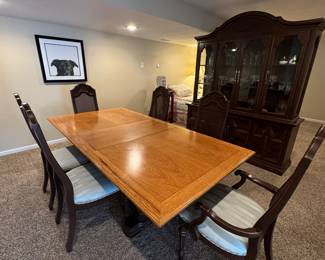 Refurbished dining room table with 1 leaf, 6 chairs and matching china cabinet