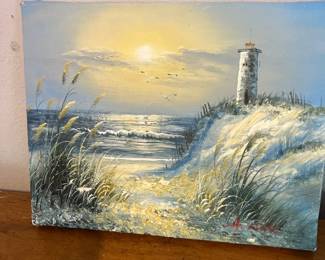 Original Oil on Board Painting, Lighthouse Scene