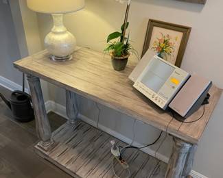 Farmhouse style hall table, capris shell lamp.  