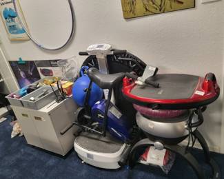 Exercise equipment, Metal shelving unit with doors, hand weights