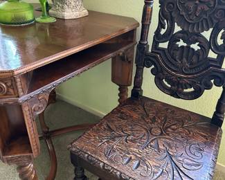 Indiana glass on 19th century game table and hall chair
