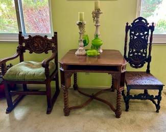 early 19th century maple carved hall chairs with beautiful game table