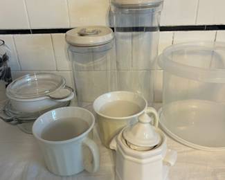 Mugs, creamer storage containers 
Ceramic bake wear with glass lids
