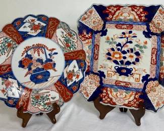 Pair of Antique Handpainted Japanese Imari Large Square Plate and Scalloped Edge Charger