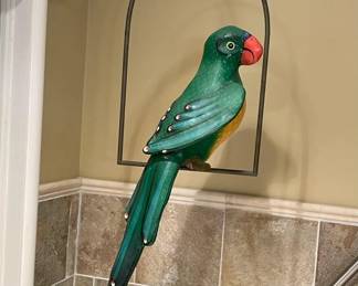 Sergio Bustmante Parrot with Copper Swing 35" Tall Paper Mache
