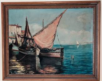 Paul Meinberg was born in Germany in 1894.  He survived imprisonment in a concentration camp and moved his family to America in 1941.

He lived in the Philadelphia area, where he was a prolific painter until his passing in 1977.

This is a stunning painting purchased prior to 1950. 

It is in need of restoration. Photos include areas of fraying and paint wear.
