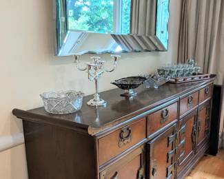 Beautiful MCM Asian Sideboard with bronze hardware Sideboard. Gorgeous Scalloped Beveled Mirror. 