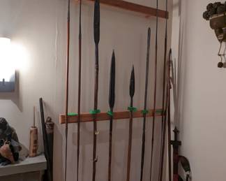 African Spears collected in the 1960s. Left to right, Number 1 and 2 are Kara Pokot of Kenya spears, Number 3 was a spear confiscated the Queen Elizabeth Park from poachers. Number four is Ankole region of Uganda Spear, number five is a second spear that that Queen Elizabeth Park confiscated from poachers, the six spear is a Maasai Kenya Spear, The last two Spears are kata magang