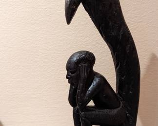Don't look up Ebony Carved Wood Sculpture of Man sitting against tree under a snake.
