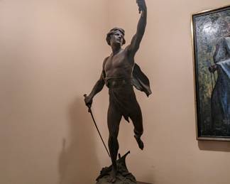 Victoire", after Emile Louis Picault 
Bronze and Marble Figural Lamp, c. 1920. Base signed "E.PICAULT".