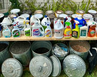 Cleaning supplies and barrels of sunflower seeds