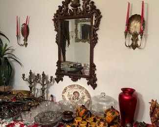 Vintage mirrors, serving ware , fine china, pottery, candelabras 