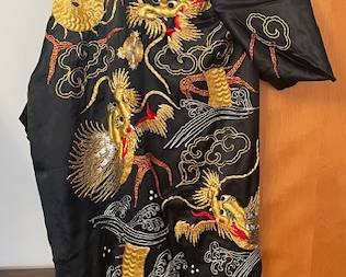 Vintage Black and Gold Embroidered Silk Dragon Kimono Robe