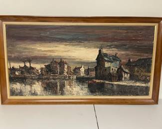 Original Dutch Oil painting "City Harbour" signed by Leon Correau