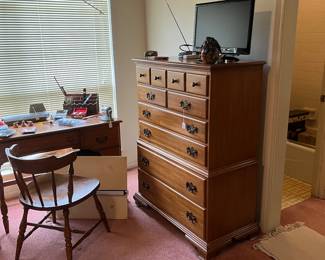 6 piece hard rock maple bedroom suite, desk, chair, chest dresser with two mirrors, 2 night stands and a full size bed with headboard. Footboard and mattresses