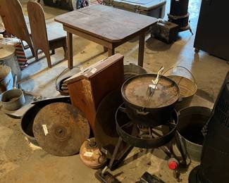 Cast iron cooking and child’s table and chairs
