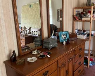 Hard rock maple dresser with two mirrors and decor