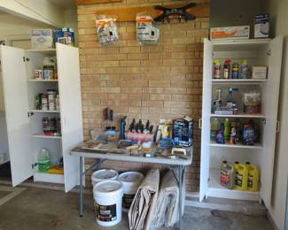 Wood stain, deck stain, storage cabinets