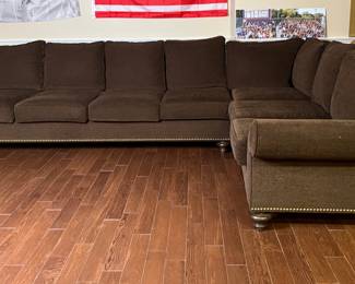 Two Piece Sectional Sofa In Brown Chenille With Nailhead Trim
