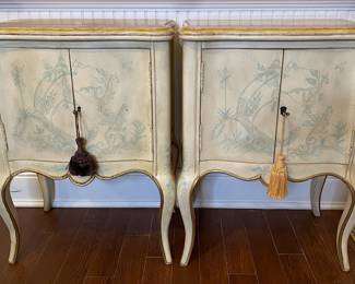 Pair Of French Provincial Style Painted And Chinoiserie Decorated Cabinets With Marble Tops And Gilt Trim
