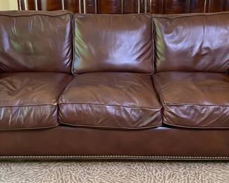 Genuine Leather Rolled Arm Sofa With Nailhead Accents

