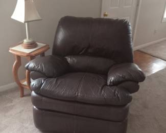 Leather rocker recliner, side table, lamp