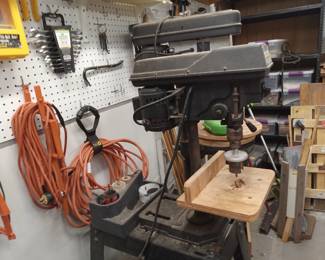 Router, cords, wrenches, crow bars