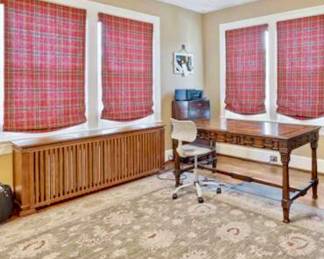 Library Desk.  Oushak hand woven rug. Window Treatments available for sale.
