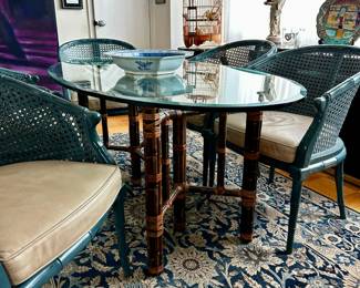 McGuire Bamboo Table base with leather wrapping. Unmarked. Oval glass top.