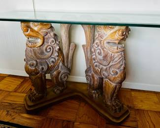 Foo dog sofa table / credenza with glass top