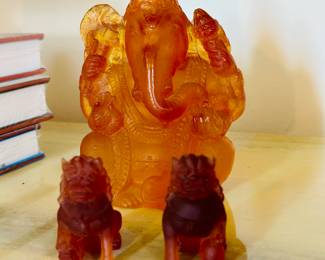 Daum Pate de Verre amber sculptures: "Ganesh"  and Foo Dogs