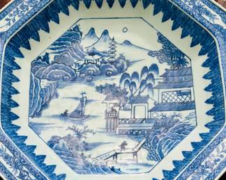 Chinese Export Canton Blue Large Octagonal Serving Bowl