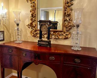 Sideboard SOLD in pre-sale. Federal style flame mahogany sideboard. Antique Florentine Gilt Mirror.