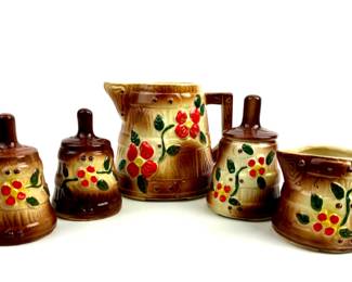 #12 • Vintage American Bisque Butter Churn Pitcher, Creamer, Sugar Bowl, Salt & Pepper Shakers
WWW.LUX.BID