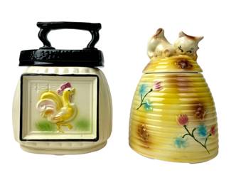 #266 • 2 American Bisque Cookie Jars - Kitty on Beehive and Black Iron on Rooster
WWW.LUX.BID