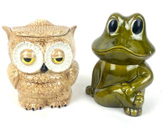 #115 • Two Vintage 1970's Ceramic Cookie Jars- Sears Roebuck Neil The Frog And Double Sided Sleepy Owl
WWW.LUX.BID