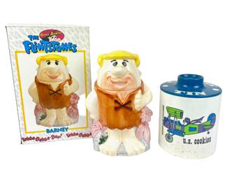 #330 • "Barney" The Flinstones Hanna-Barbera Cookie Jar And 1970's Ransburg Metal Canister Airplane "u.s. cookies" Cookie Tin
WWW.LUX.BID