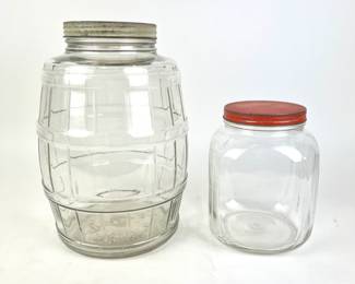 #217 • Vintage Duraglas Pickle Barrel Jar And Vintage Square Clear Glass Jar With Red/Orange Lid
WWW.LUX.BID