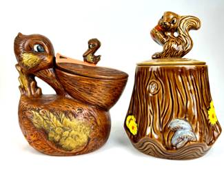 #145 • Two California Original Cookie Jars - Squirrel on a Stump and Pelican with Baby