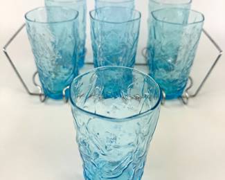 #181 • 7 Peacock Blue Crinkle Glass Juice Glasses in 6 Spot Carrier
WWW.LUX.BID