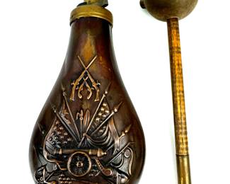 #208 • Civil War Era Brass Black Powder Gun Flask & Vintage Ball Bullet Starter
WWW.LUX.BID