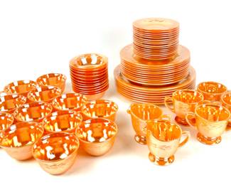#177 • Fire King Peach Luster Dinnerware With Laurel Leaf Pattern- 51 Pieces
WWW.LUX.BID