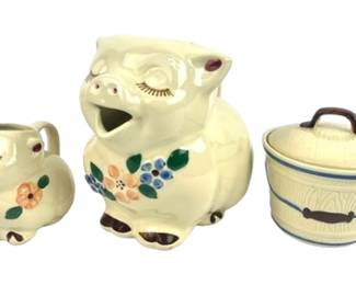 #285 • Shawnee Smiley Pig Pitcher, Creamer Pitcher And Shawnee Grease Bucket Sugar Bowl
WWW.LUX.BID
